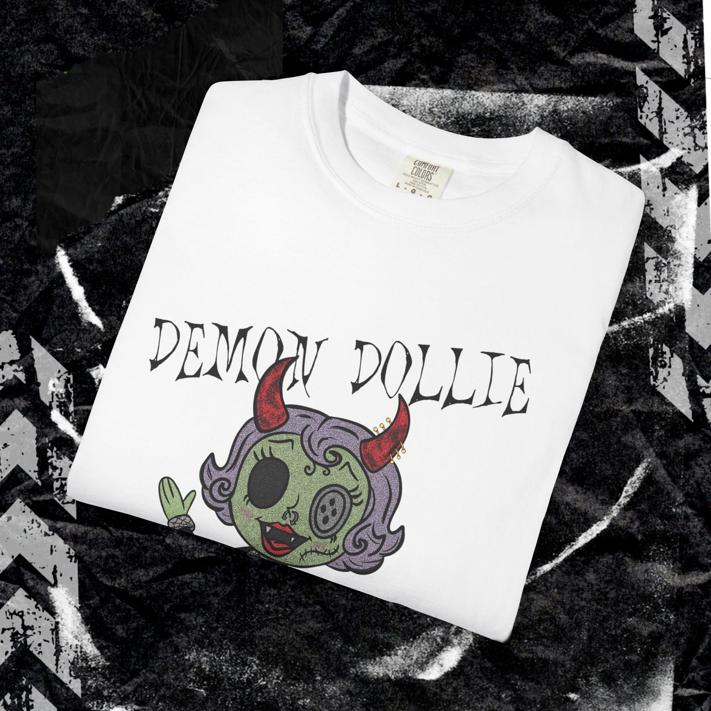 DEMON DOLLIE (FRONT PRINT) - Unisex Garment-Dyed T-shirt.