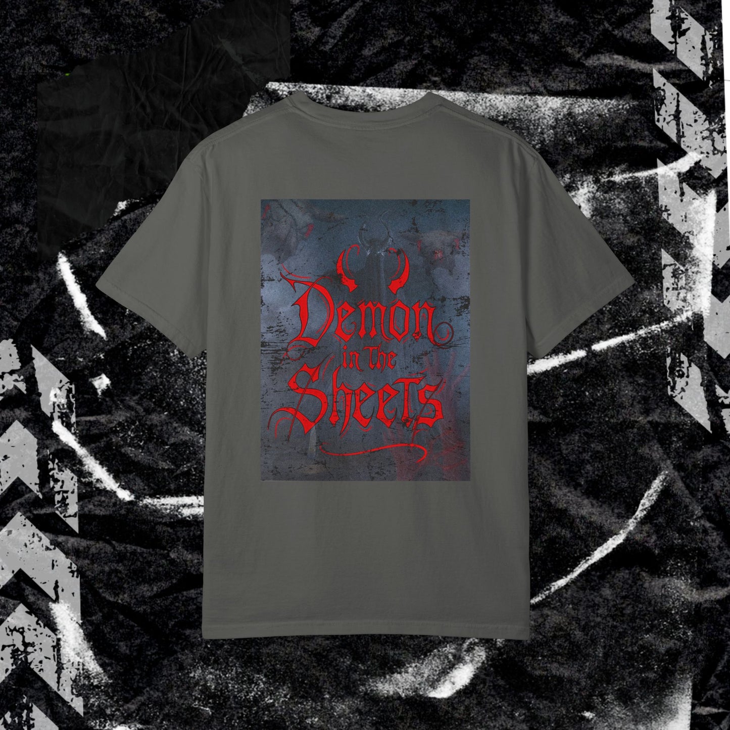 DEMON IN THE SHEETS (BACK PRINT) - Unisex Garment-Dyed T-shirt.