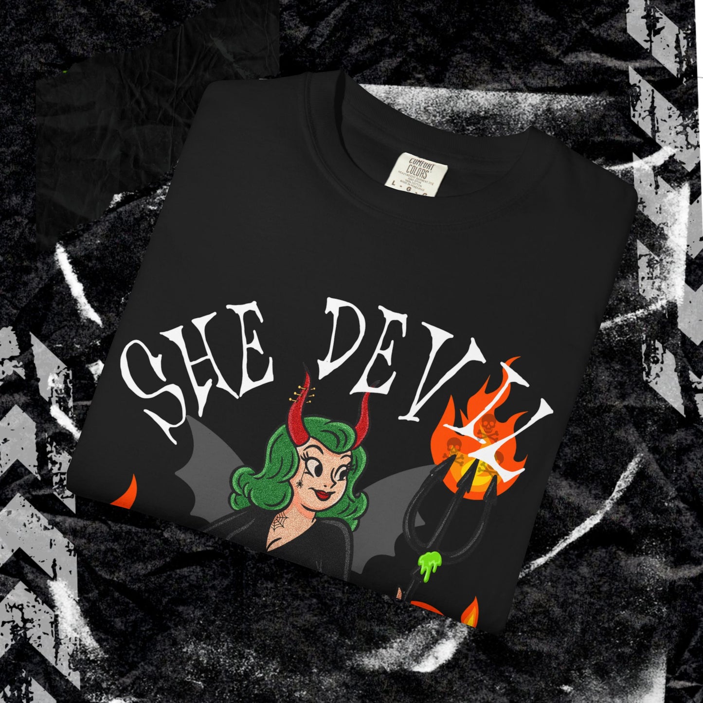SHE DEVIL (FRONT PINT) - Unisex Garment-Dyed T-shirt.