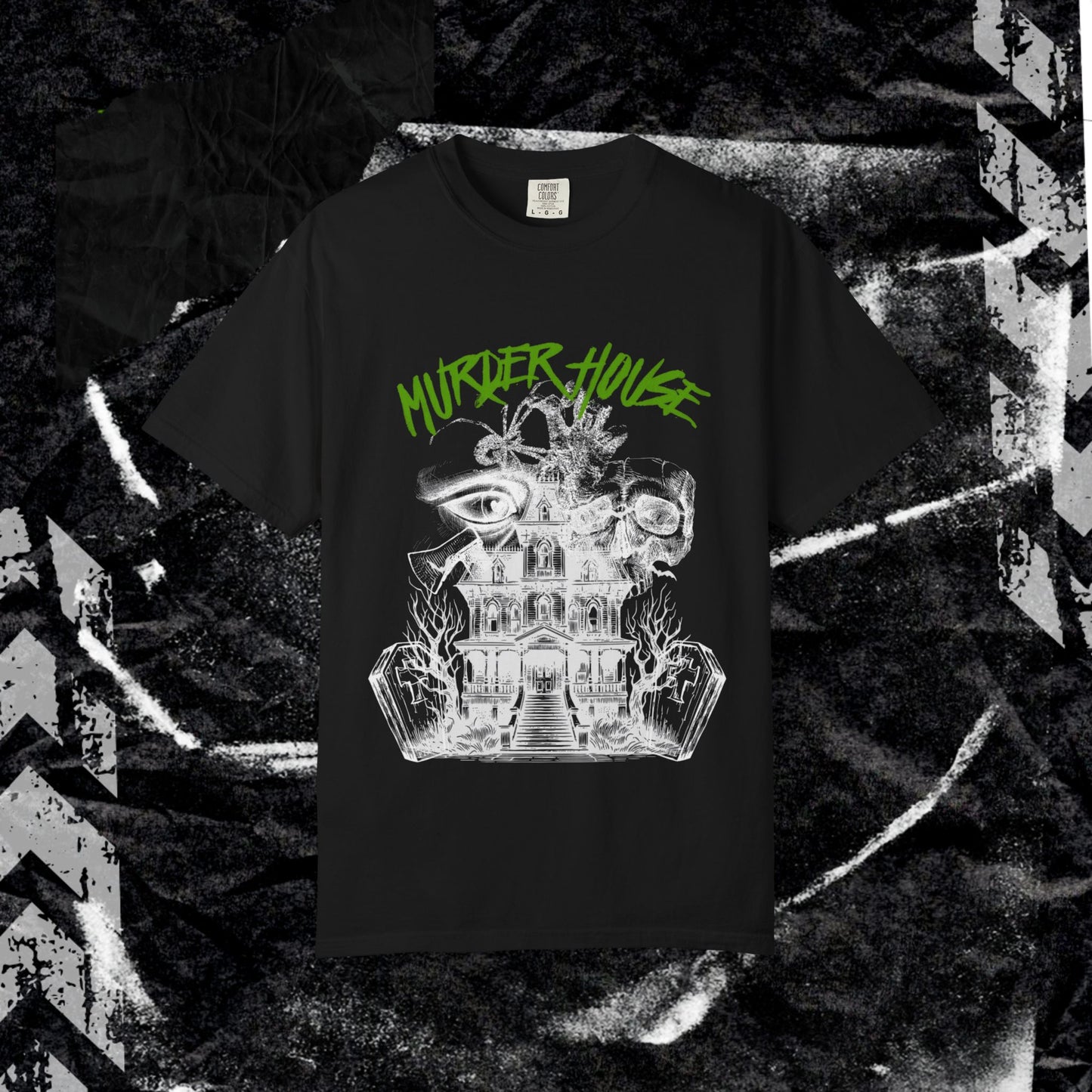 MURDER HOUSE (FRONT PRINT) - Unisex Garment-Dyed T-shirt.