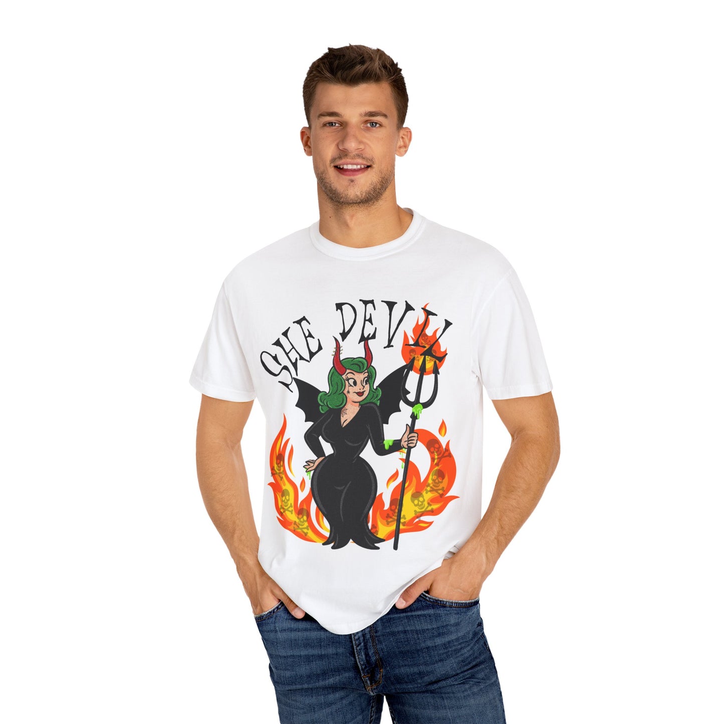 SHE DEVIL (FRONT PINT) - Unisex Garment-Dyed T-shirt.
