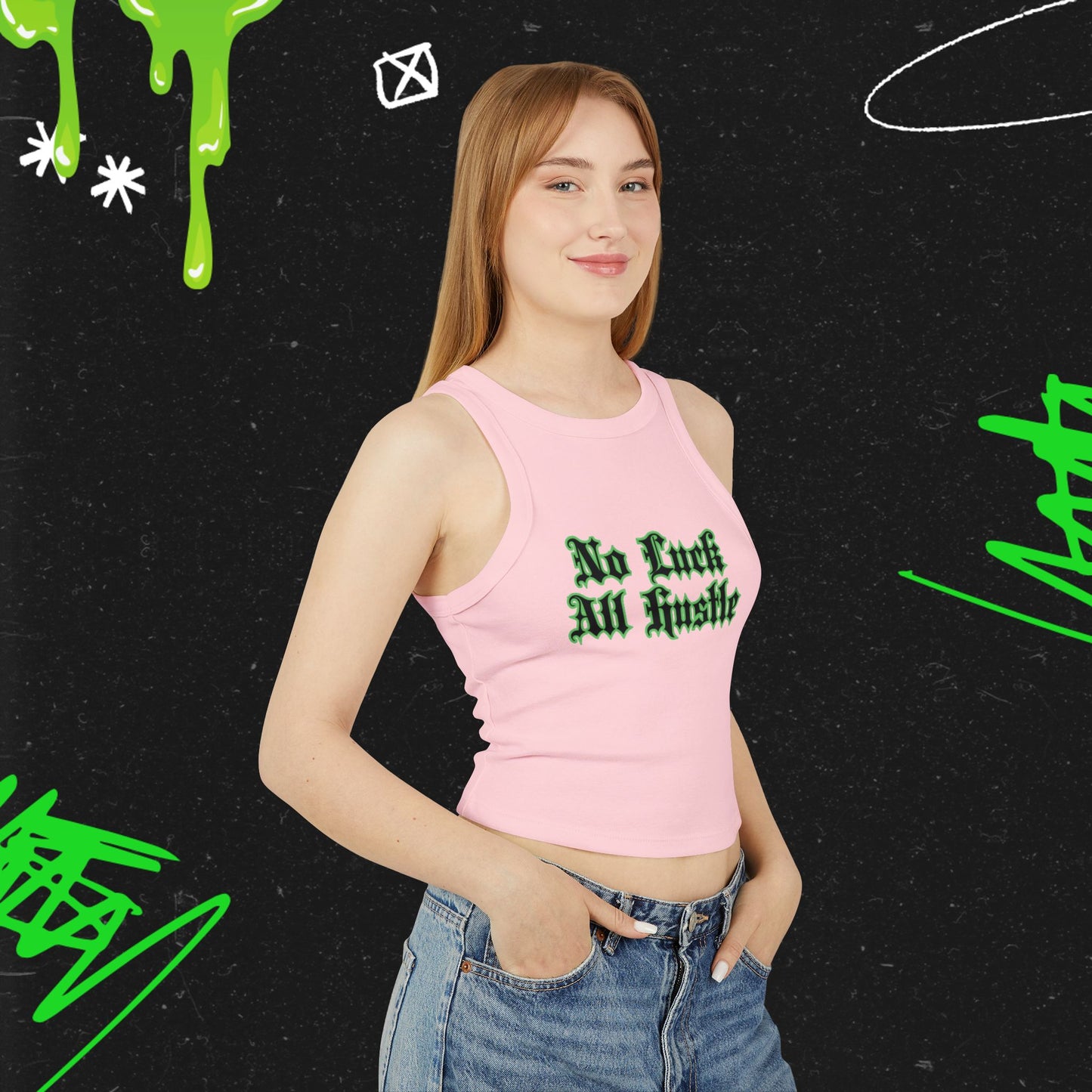 No Luck ,All Hustle - Women's Micro Rib Racer Tank Top