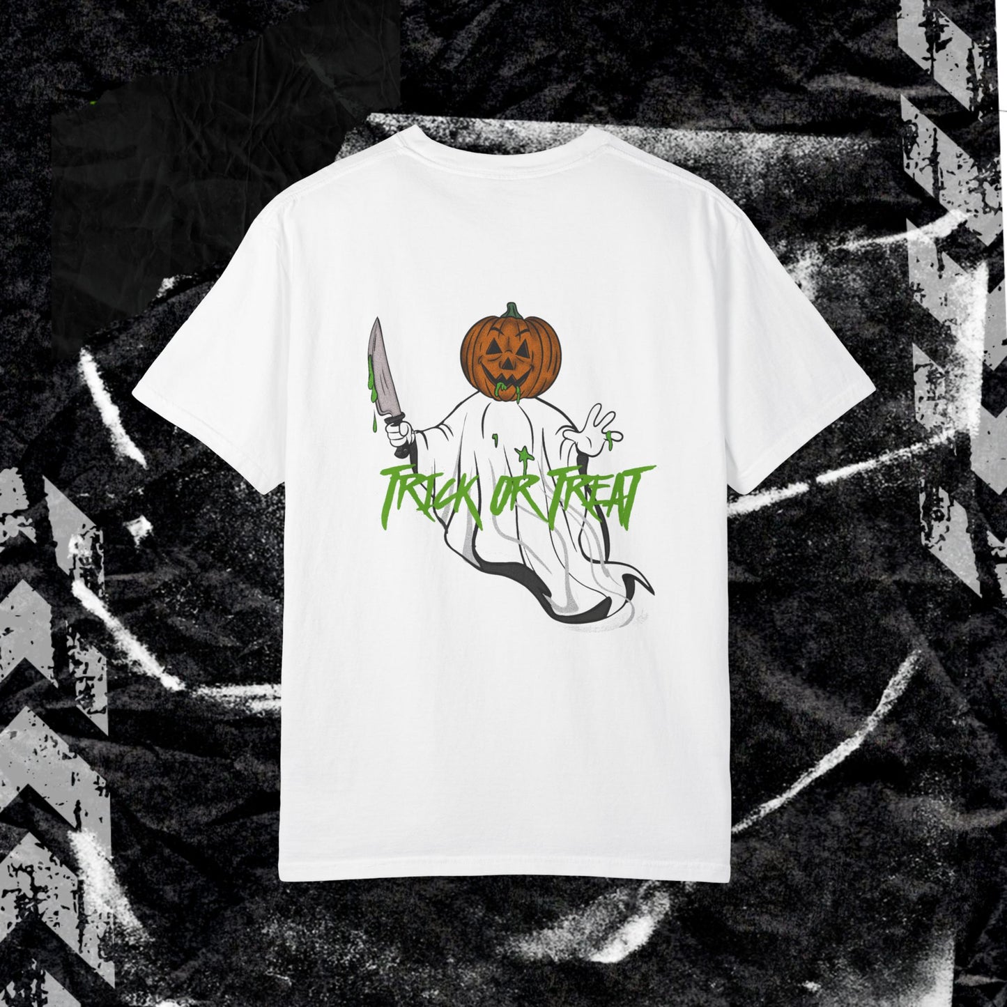 TRICK OR TREAT (BACK PRINT) - Unisex Garment-Dyed T-shirt.