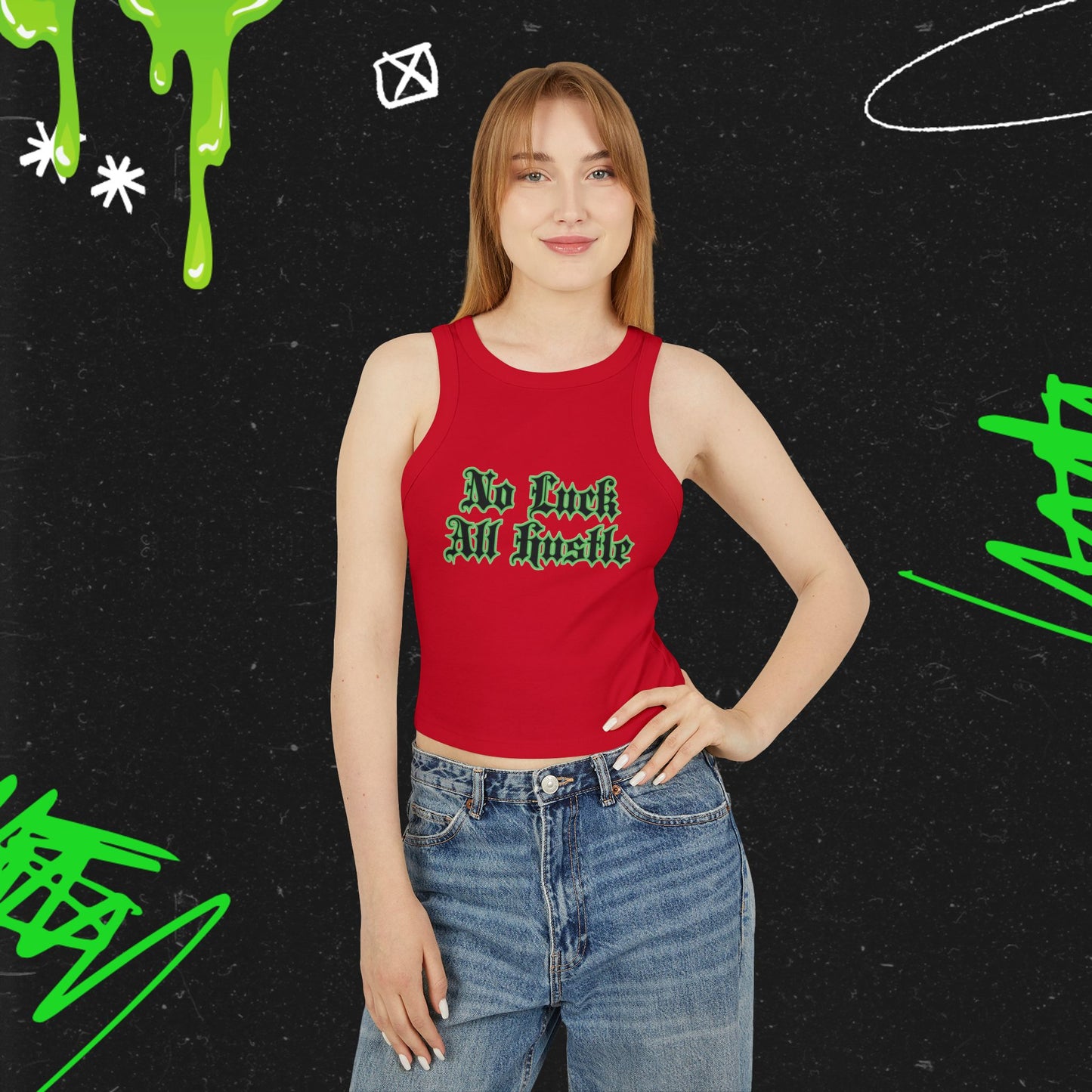 No Luck ,All Hustle - Women's Micro Rib Racer Tank Top
