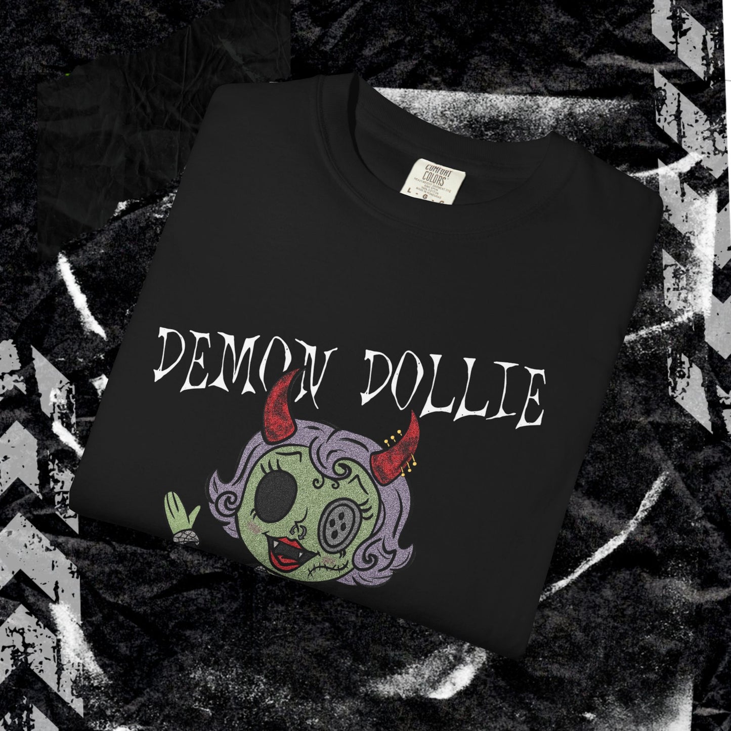 DEMON DOLLIE (FRONT PRINT) - Unisex Garment-Dyed T-shirt.
