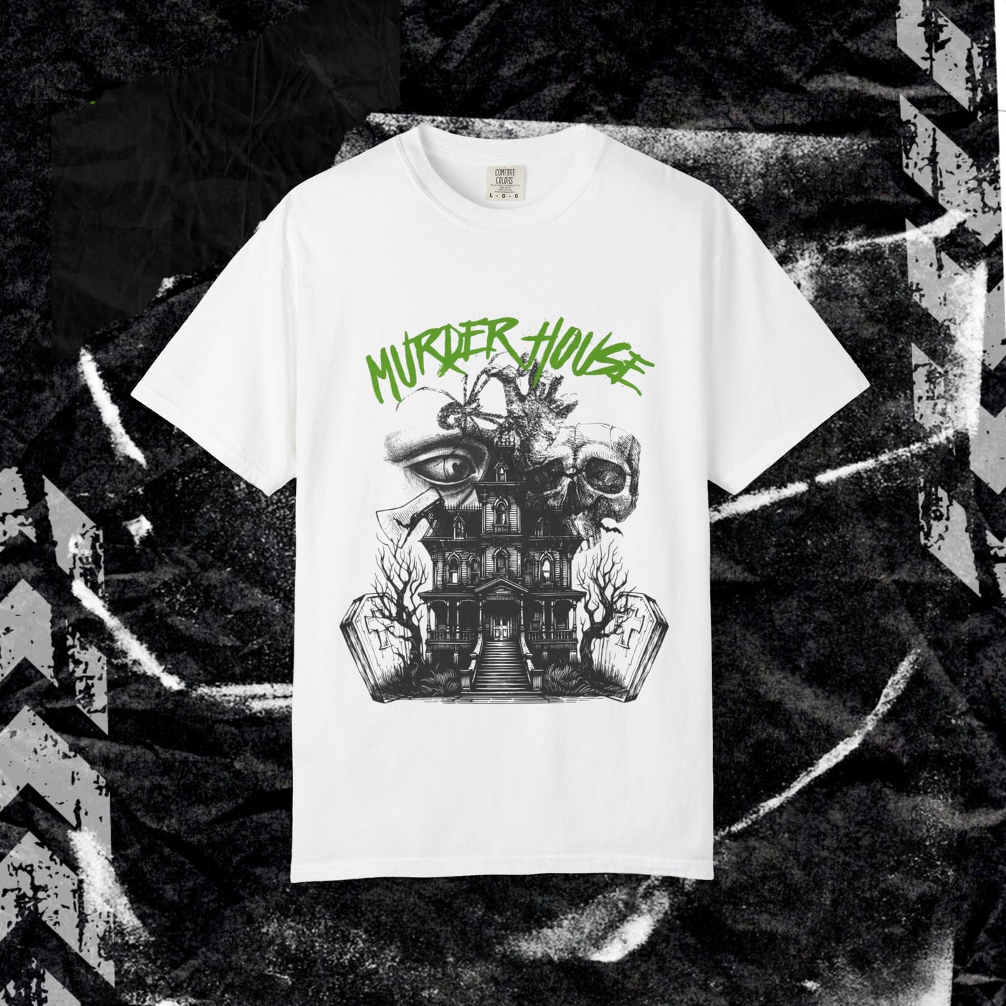 MURDER HOUSE (FRONT PRINT) - Unisex Garment-Dyed T-shirt.