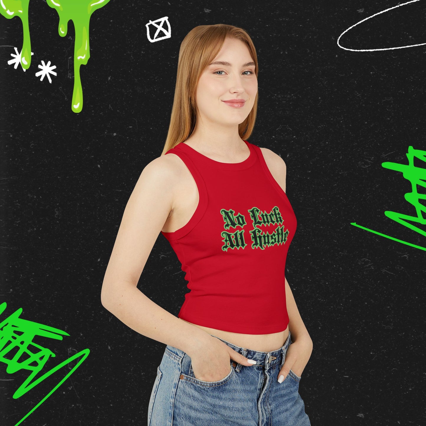 No Luck ,All Hustle - Women's Micro Rib Racer Tank Top