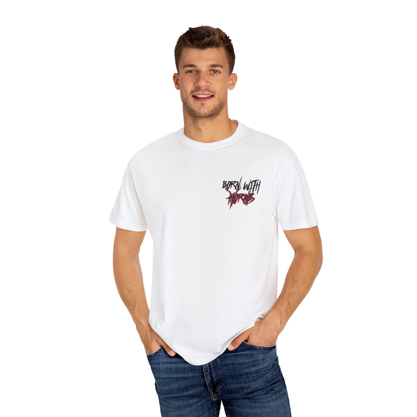 BORN WITH HORNS - Unisex Garment-Dyed T-shirt.