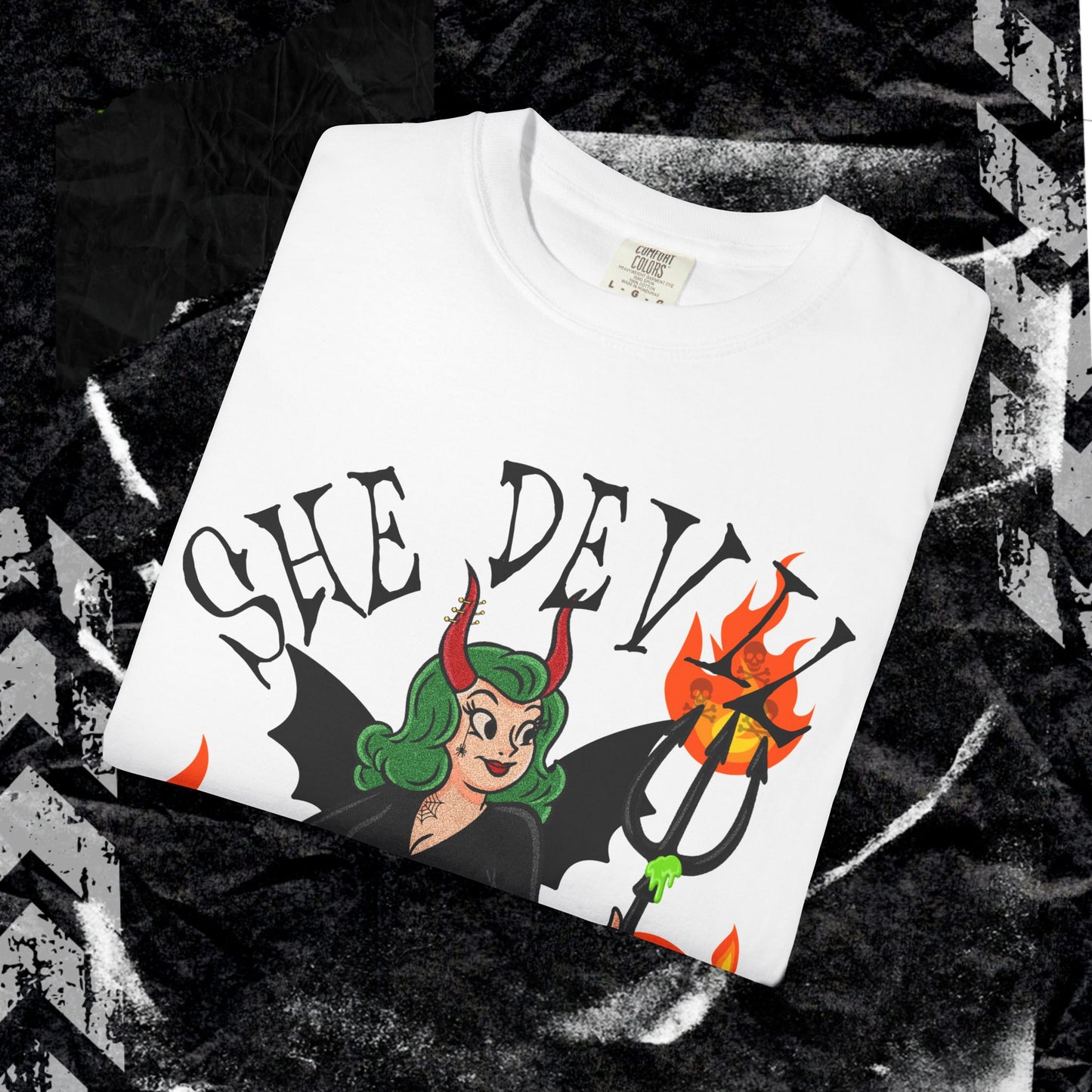 SHE DEVIL (FRONT PINT) - Unisex Garment-Dyed T-shirt.