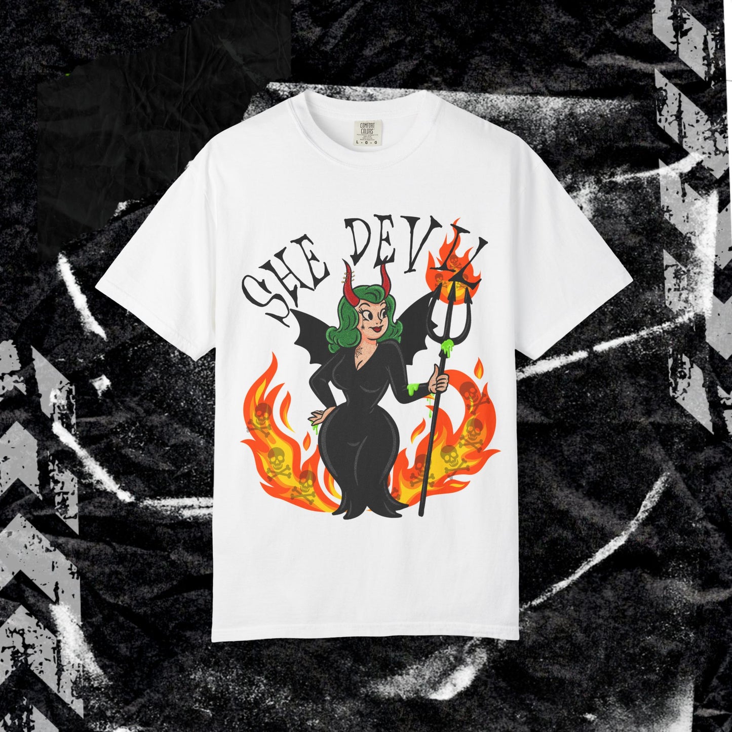 SHE DEVIL (FRONT PINT) - Unisex Garment-Dyed T-shirt.