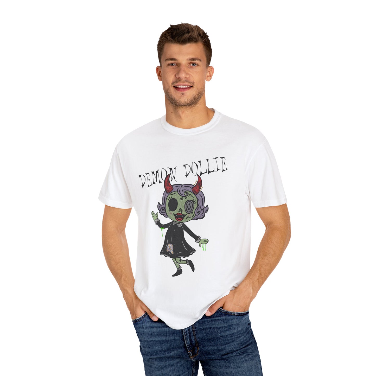 DEMON DOLLIE (FRONT PRINT) - Unisex Garment-Dyed T-shirt.