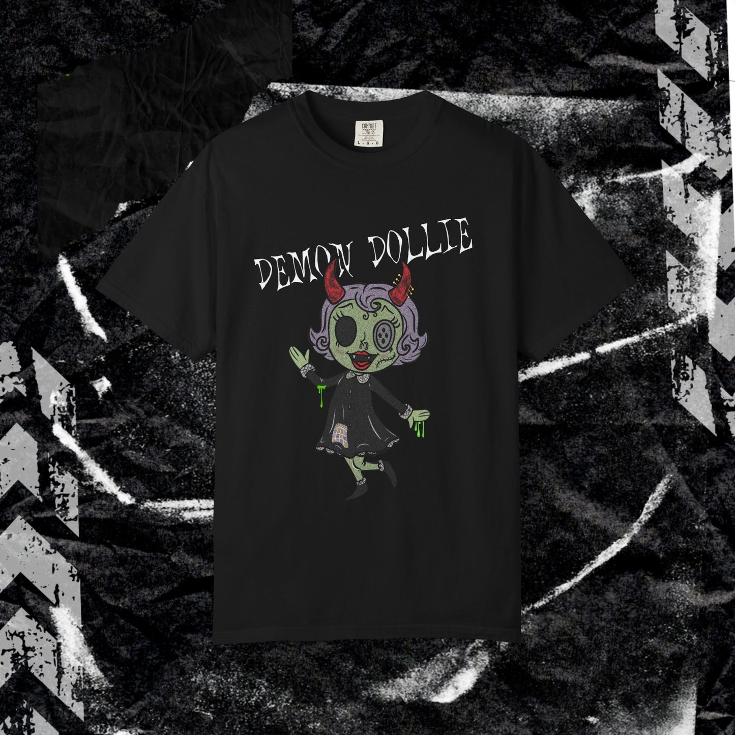 DEMON DOLLIE (FRONT PRINT) - Unisex Garment-Dyed T-shirt.