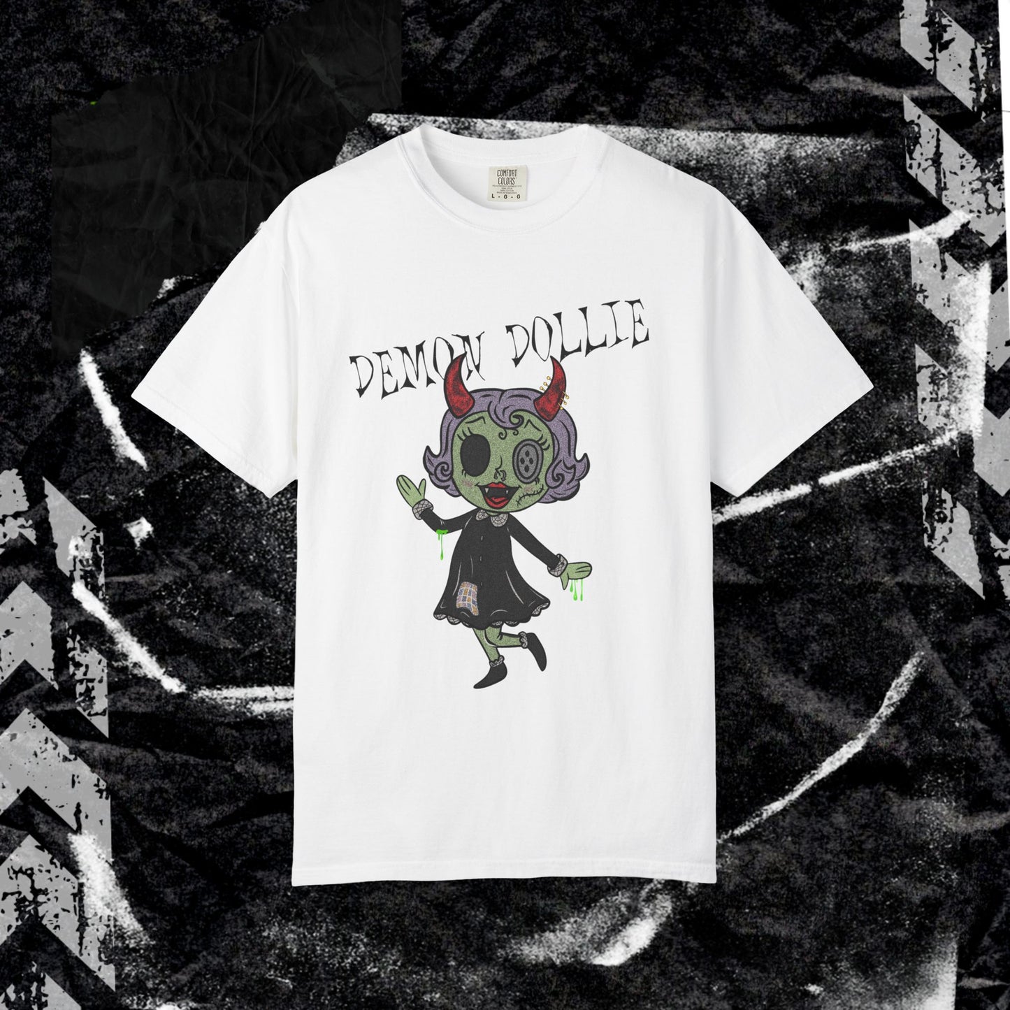 DEMON DOLLIE (FRONT PRINT) - Unisex Garment-Dyed T-shirt.
