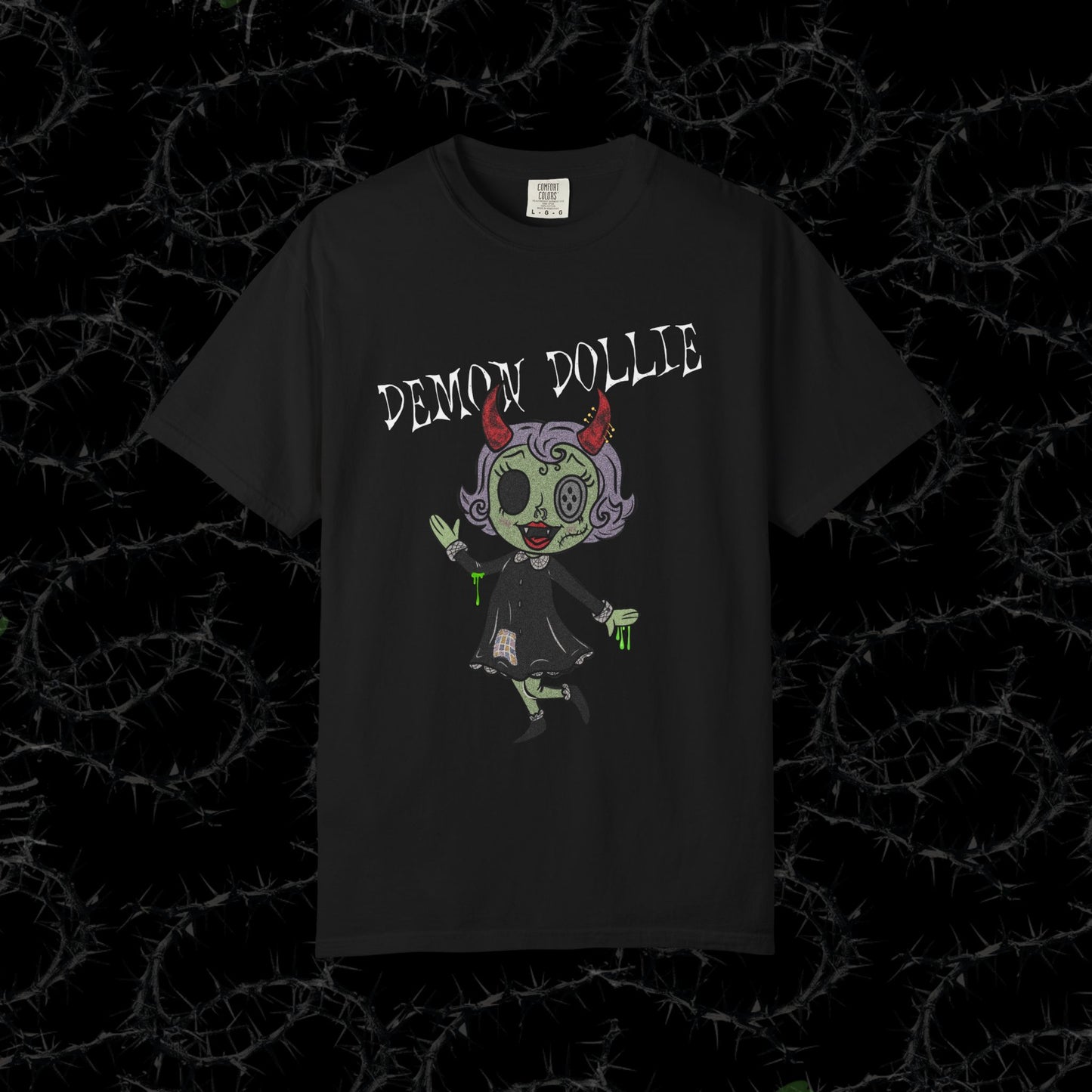 DEMON DOLLIE (FRONT PRINT) - Unisex Garment-Dyed T-shirt.