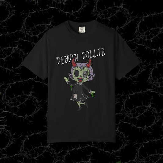 DEMON DOLLIE (FRONT PRINT) - Unisex Garment-Dyed T-shirt.