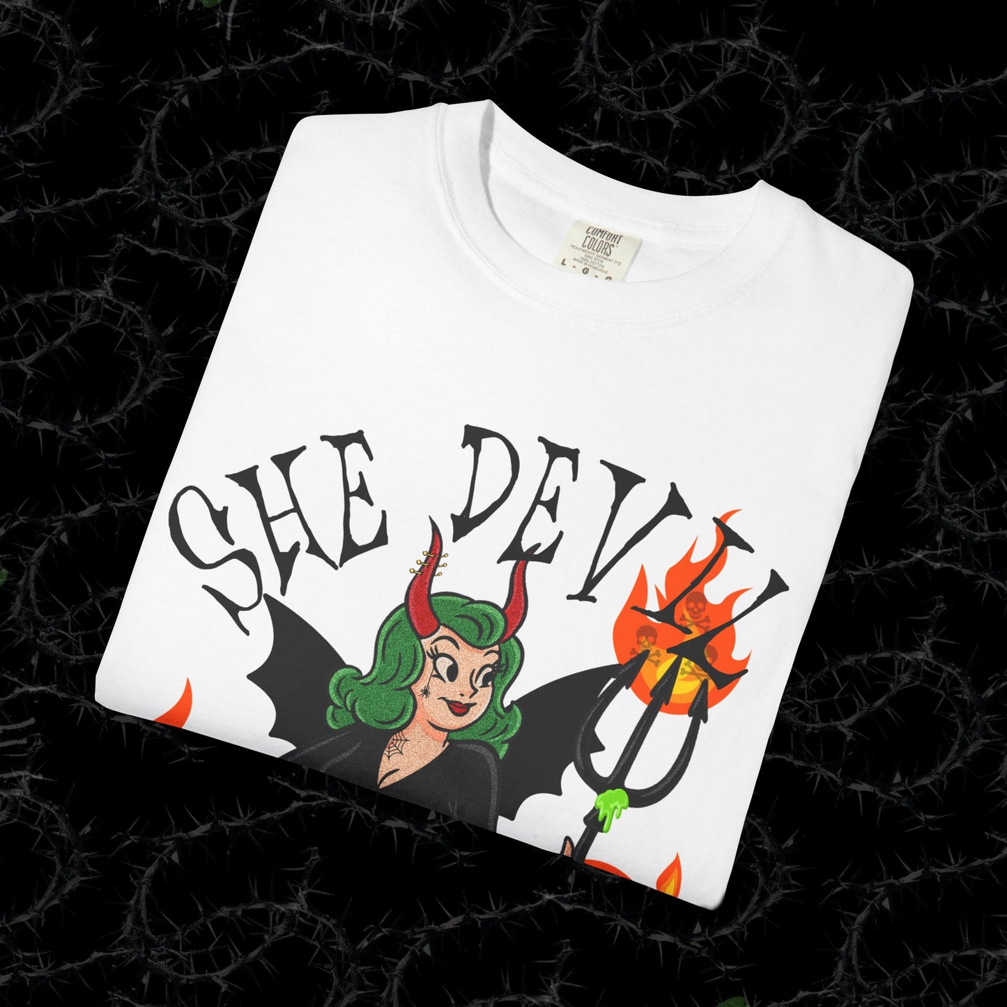 SHE DEVIL (FRONT PINT) - Unisex Garment-Dyed T-shirt.