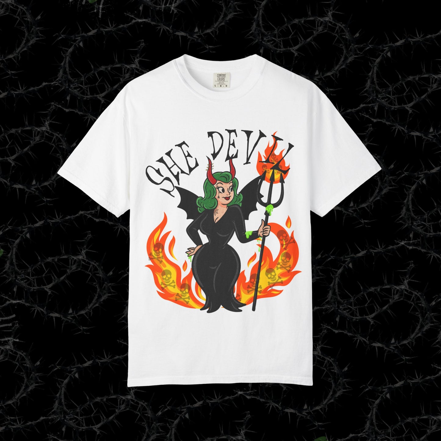 SHE DEVIL (FRONT PINT) - Unisex Garment-Dyed T-shirt.