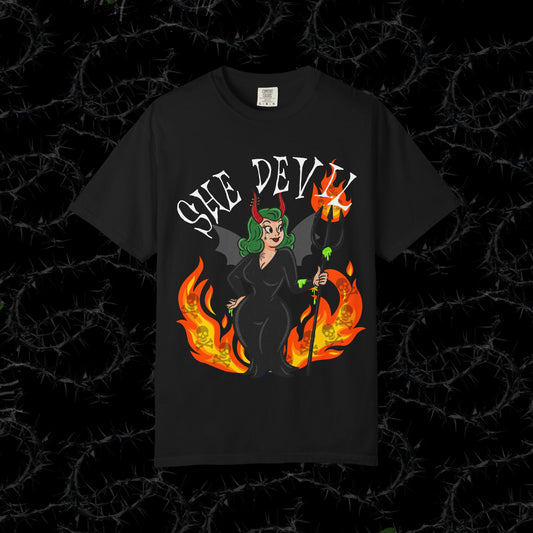 SHE DEVIL (FRONT PINT) - Unisex Garment-Dyed T-shirt.