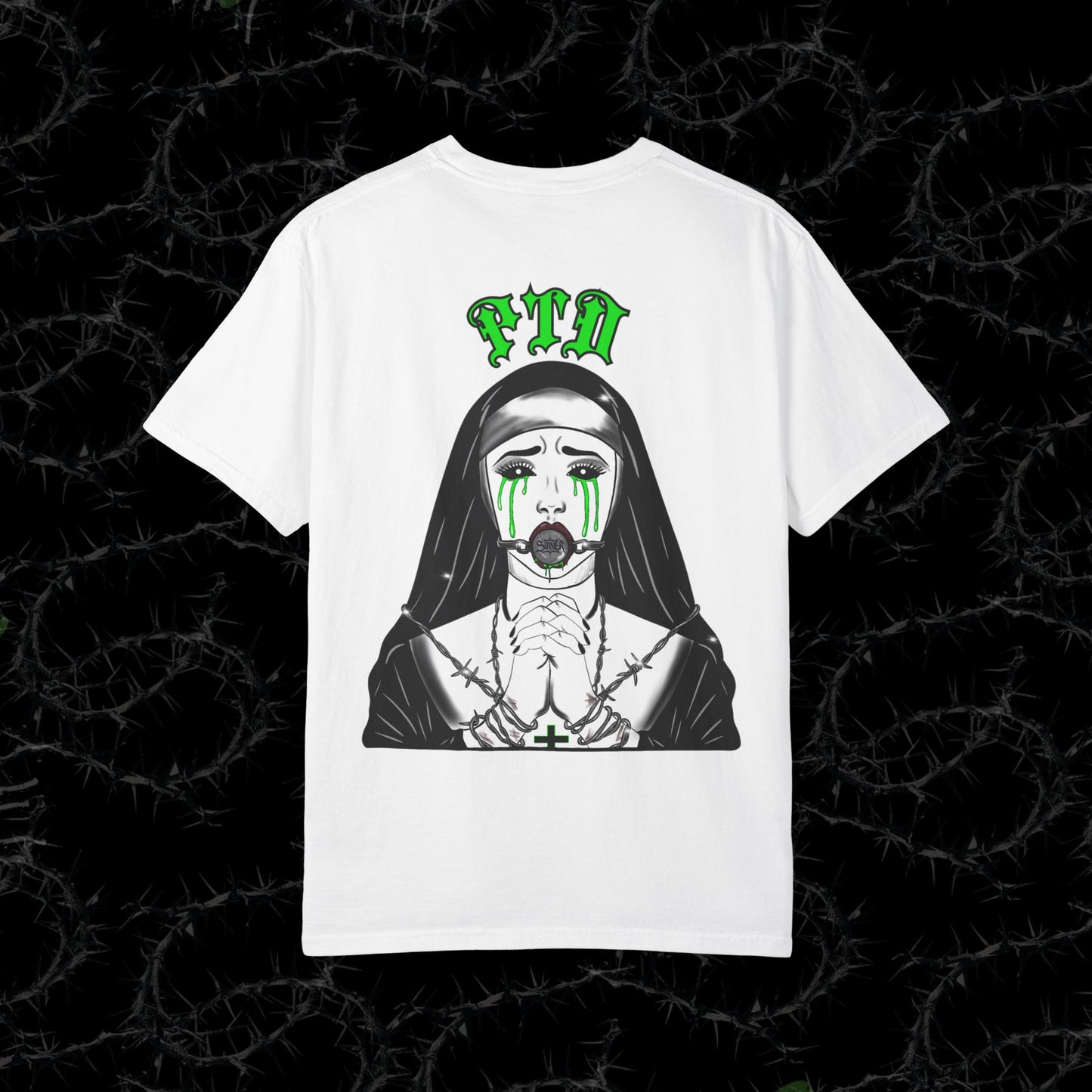 BARBED WIRE SINNER (BACK PRINT) - Unisex Garment-Dyed T-shirt.