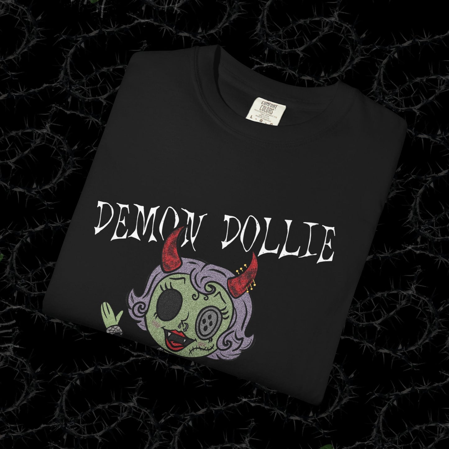 DEMON DOLLIE (FRONT PRINT) - Unisex Garment-Dyed T-shirt.