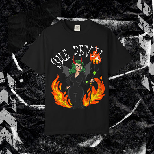 SHE DEVIL (FRONT PINT) - Unisex Garment-Dyed T-shirt.