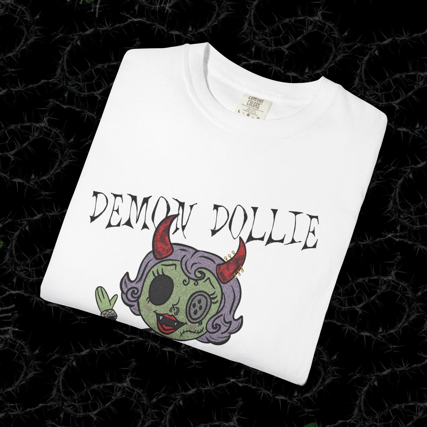 DEMON DOLLIE (FRONT PRINT) - Unisex Garment-Dyed T-shirt.
