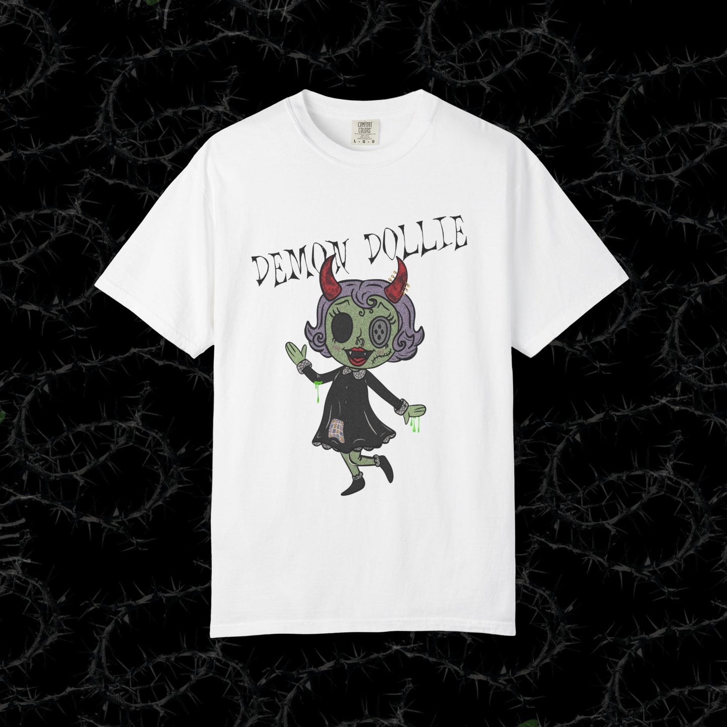 DEMON DOLLIE (FRONT PRINT) - Unisex Garment-Dyed T-shirt.