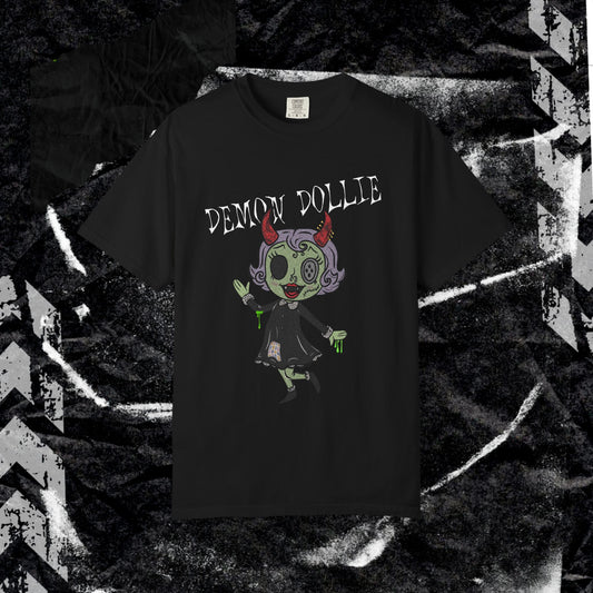 DEMON DOLLIE (FRONT PRINT) - Unisex Garment-Dyed T-shirt.